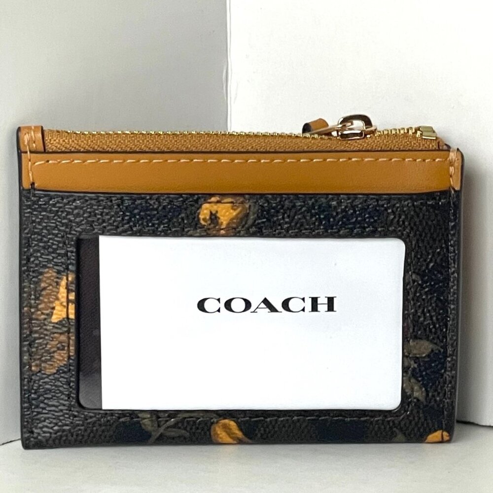 NWT Coach Mini Skinny ID Wallet CCV88 Signature Canvas Floral Brown Walnut - Picture 2 of 7